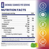 Nutrition facts label for chewable gummies with icons indicating vitamin C, no artificial colors or sweeteners, gluten-free, vegan, and no caffeine. - SaltStick Energy Gummies - OMG! Rainbow Blast - 