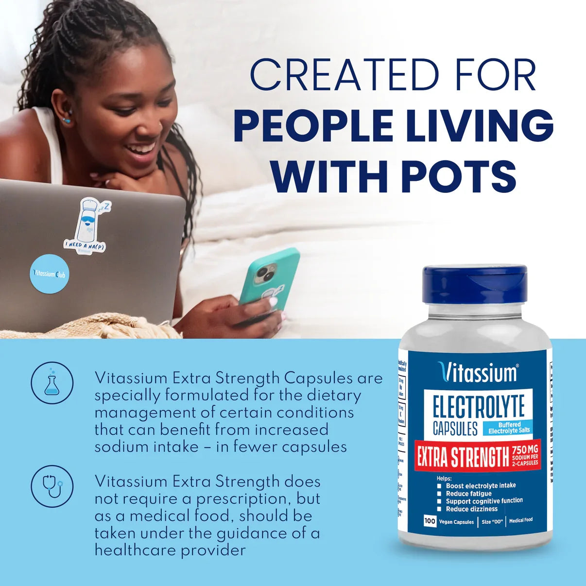 Vitassium Electrolyte Extra Strength dietary supplement bottle shown next to a lifestyle photo of a woman looking at her phone and laptop, with promotional text for people living with pots. - SaltStick Vitassium Extra Strength Capsules