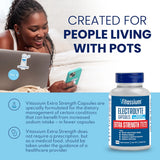 Vitassium Electrolyte Extra Strength dietary supplement bottle shown next to a lifestyle photo of a woman looking at her phone and laptop, with promotional text for people living with pots. - SaltStick Vitassium Extra Strength Capsules