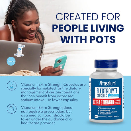 Vitassium Electrolyte Extra Strength dietary supplement bottle shown next to a lifestyle photo of a woman looking at her phone and laptop, with promotional text for people living with pots. - SaltStick Vitassium Extra Strength Capsules