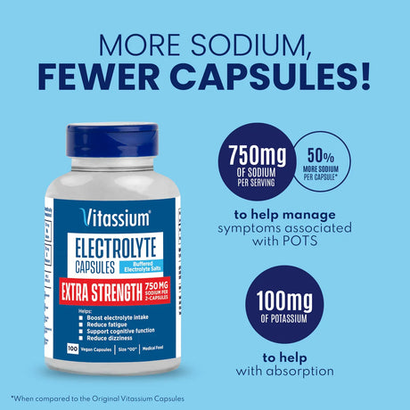 Vitassium Electrolyte Capsules Extra Strength supplement bottle on a light blue background with promotional text highlighting higher sodium and potassium content. - SaltStick Vitassium Extra Strength Capsules