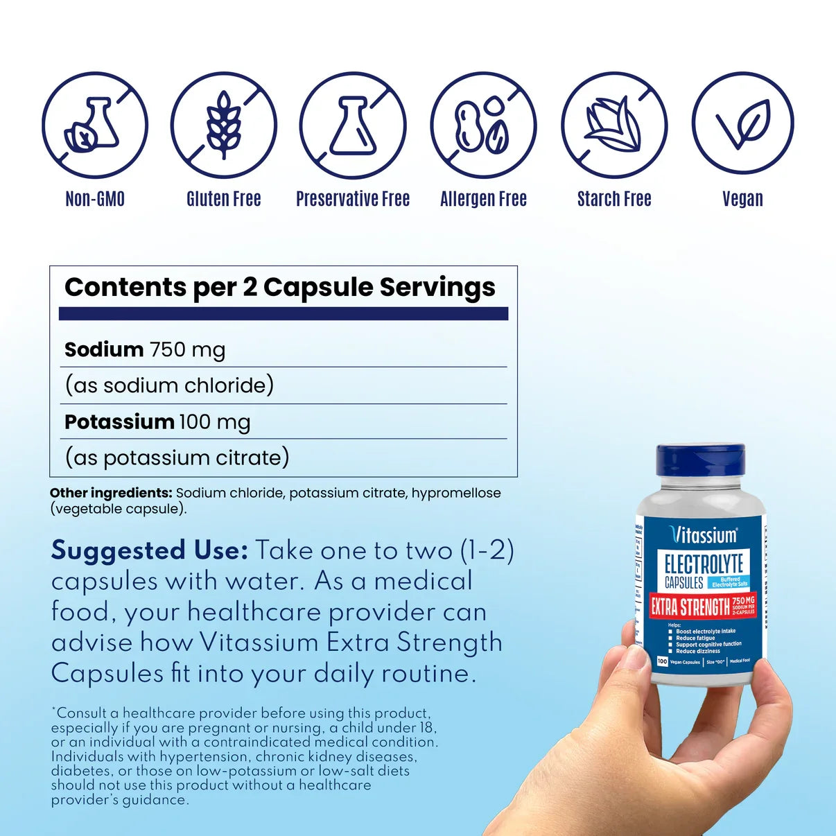 A hand holds a bottle of Vitassium Extra Strength Electrolyte capsules against a light blue background with informational text and icons about dietary benefits like Non-GMO, Gluten Free, Preservative Free, Allergen Free, Starch Free, and Vegan. - SaltStick Vitassium Extra Strength Capsules