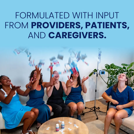 Group of women sitting on a couch with text about input from providers, patients, and caregivers. - SaltStick Vitassium Extra Strength Capsules