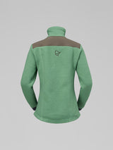 A green fleece pullover jacket with a high mock neck collar and contrasting brown shoulder panels, shown from the back on a neutral gray background. - Norrøna Trollveggen Warm3 Jacket (Women's) - Dark Ivy