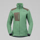 A green fleece jacket with brown shoulder panels and a matching brown chest pocket, shown on a neutral gray background. - Norrøna Trollveggen Warm3 Jacket (Women's) - Dark Ivy
