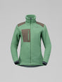 A green fleece jacket with brown shoulder panels and a matching brown chest pocket, shown on a neutral gray background. - Norrøna Trollveggen Warm3 Jacket (Women's) - Dark Ivy