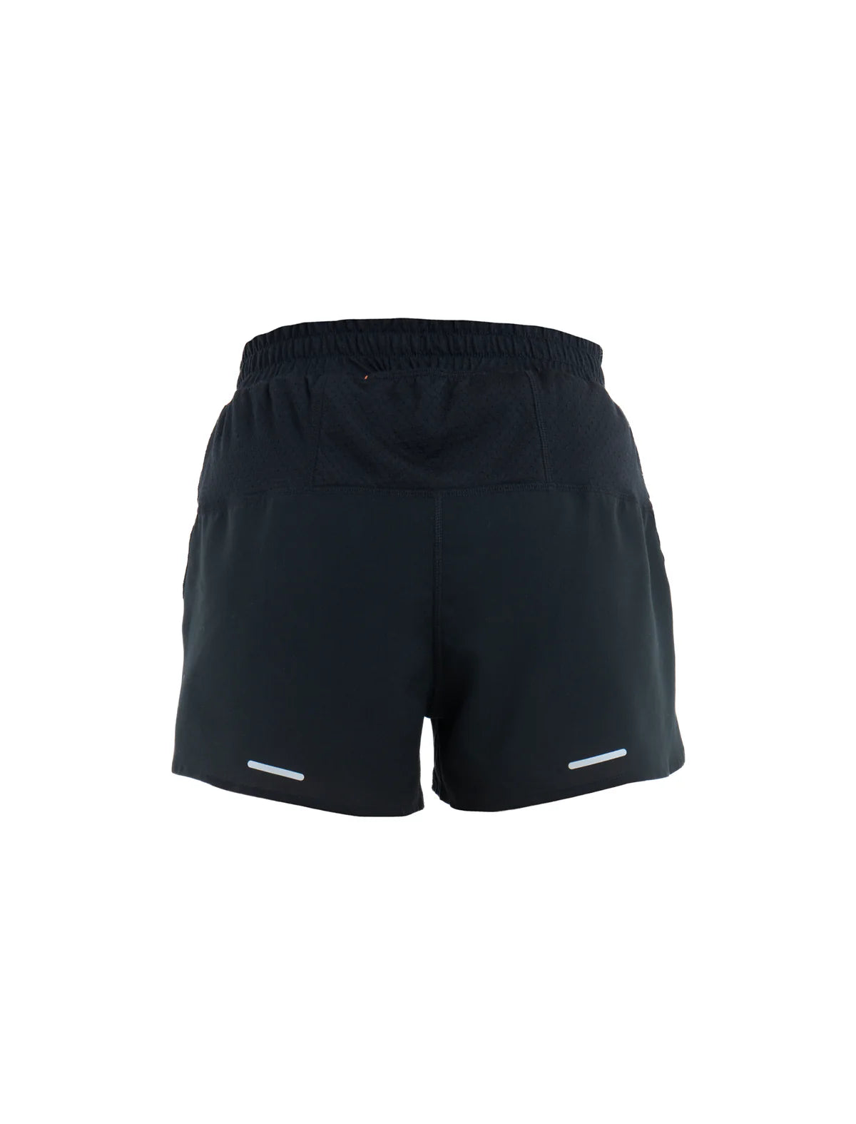 Black athletic shorts with an elastic waistband and reflective white striping near the hem, shown from the back on a white background. - Icebreaker Merino Blend 125 ZoneKnit Speed 3" Shorts (Women's) - Black