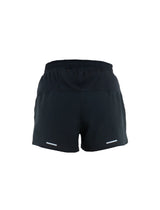 Black athletic shorts with an elastic waistband and reflective white striping near the hem, shown from the back on a white background. - Icebreaker Merino Blend 125 ZoneKnit Speed 3" Shorts (Women's) - Black