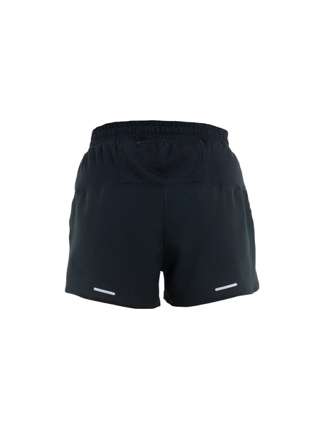 Black athletic shorts with an elastic waistband and reflective white striping near the hem, shown from the back on a white background. - Icebreaker Merino Blend 125 ZoneKnit Speed 3" Shorts (Women's) - Black