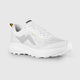 A white trail running shoe with a light gray side logo, white laces, a small gold 'TRAILRUN' text detail, and a gold pull tab, shown on a light gray background. - Tarkine Bandicoot Shoes (Women's) - Whiteout