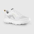A white trail running shoe with a light gray side logo, white laces, a small gold 'TRAILRUN' text detail, and a gold pull tab, shown on a light gray background. - Tarkine Bandicoot Shoes (Women's) - Whiteout