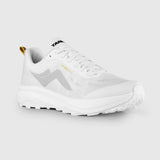 A white trail running shoe with a light gray side logo, white laces, a small gold 'TRAILRUN' text detail, and a gold pull tab, shown on a light gray background. - Tarkine Bandicoot Shoes (Women's) - Whiteout