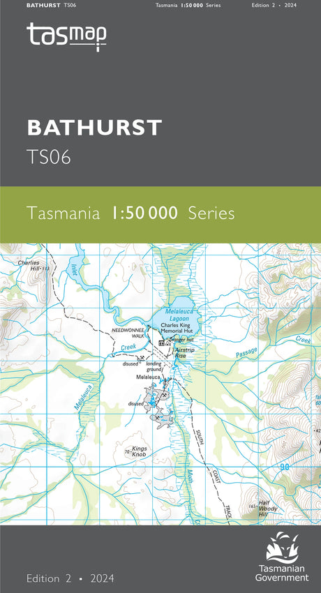 Front cover of a Tasmap Bathurst TS06 map publication, showing a dark gray header with the Tasmap logo and title, a green band reading 'Tasmania 1:50 000 Series,' and a topographic map of Bathurst in the center. - Tasmap 1:50000 Topographic/Cadastral Maps - Bathurst