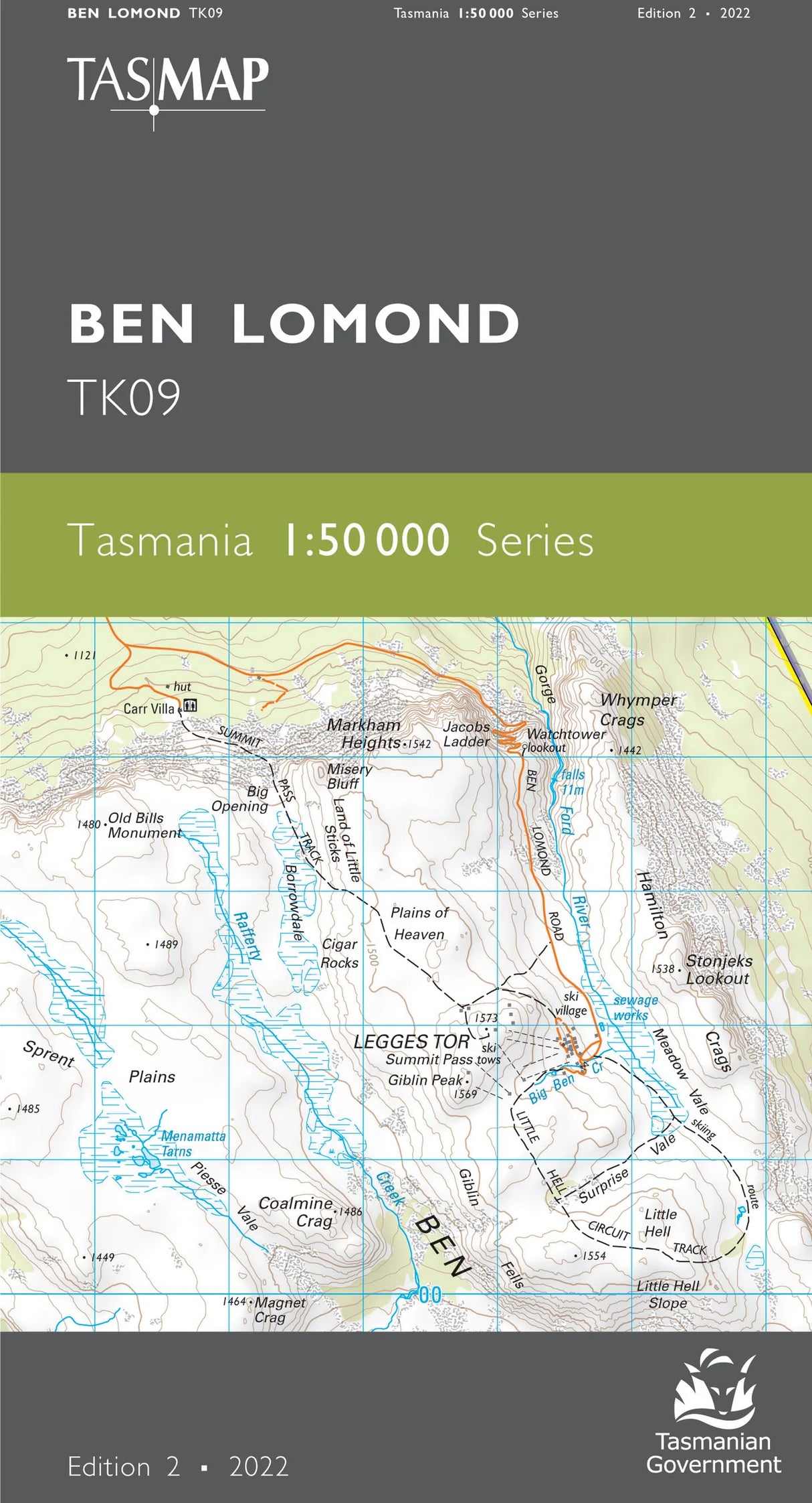 Front cover of a TASMAP Ben Lomond TK09 map publication from the Tasmania 1:50 000 Series, showing a topographic map of the Ben Lomond area with dark gray header and footer bands and a green title band. - Tasmap 1:50000 Topographic/Cadastral Maps - Ben Lomond