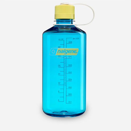 A translucent blue Nalgene water bottle with a yellow cap and carrying loop, shown on a light gray background. - Nalgene Narrow Mouth Sustain Water Bottle (1L) - Blue Atoll With Endive
