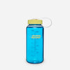 A translucent blue Nalgene water bottle with a yellow screw cap and a white carrying loop, shown on a light gray background. - Nalgene Wide Mouth Sustain Water Bottle (500ml) - Blue Atoll With Endive