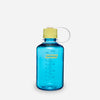 A translucent blue Nalgene water bottle with a yellow cap and a white carrying loop, shown on a light gray background. - Nalgene Narrow Mouth Sustain Water Bottle (500ml) - Blue Atoll With Endive