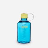 A translucent blue Nalgene water bottle with a yellow cap and a white carrying loop, shown on a light gray background. - Nalgene Narrow Mouth Sustain Water Bottle (500ml) - Blue Atoll With Endive