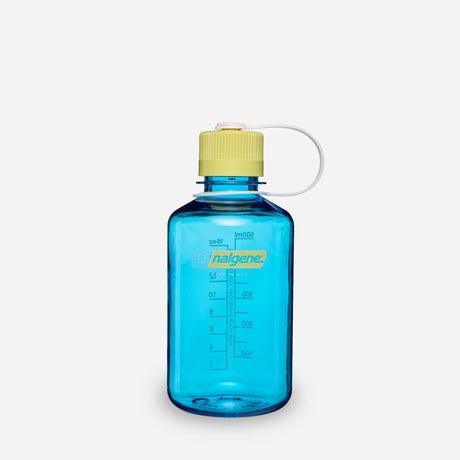A translucent blue Nalgene water bottle with a yellow cap and a white carrying loop, shown on a light gray background. - Nalgene Narrow Mouth Sustain Water Bottle (500ml) - Blue Atoll With Endive