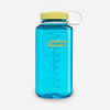 Blue Nalgene water bottle with a yellow lid on a white background - Nalgene Wide Mouth Sustain Water Bottle (1L) - Blue Atoll With Endive