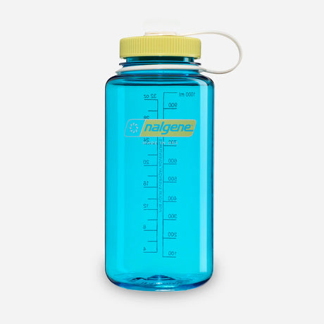 Blue Nalgene water bottle with a yellow lid on a white background - Nalgene Wide Mouth Sustain Water Bottle (1L) - Blue Atoll With Endive