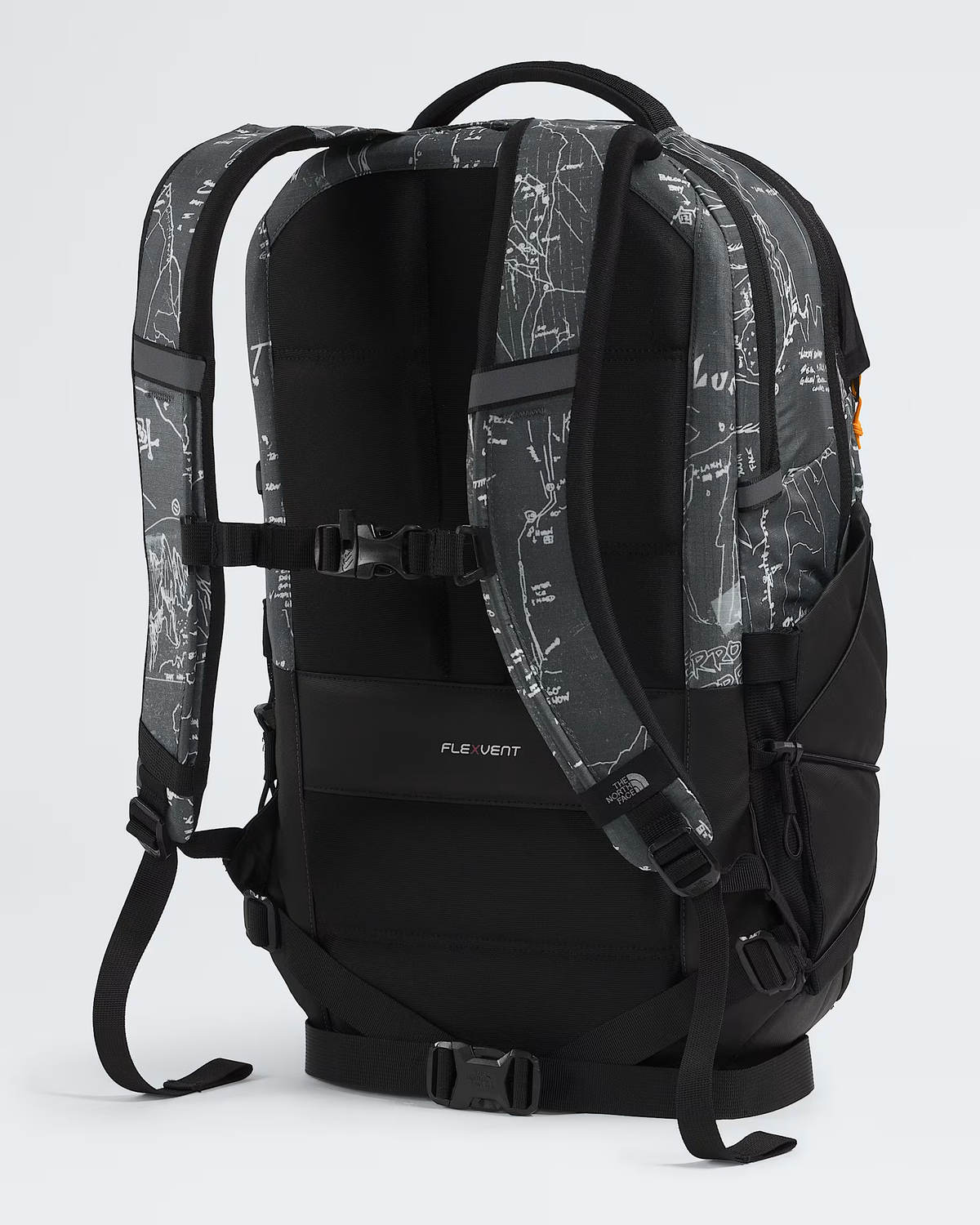 The rear view of a black and gray patterned backpack on a light gray background. The backpack features a black body with gray straps and side panels printed with white technical-style line drawings and text. - The North Face Borealis Backpack - Anthracite Grey Conrad Topos Print/Summit Gold
