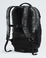 The rear view of a black and gray patterned backpack on a light gray background. The backpack features a black body with gray straps and side panels printed with white technical-style line drawings and text. - The North Face Borealis Backpack - Anthracite Grey Conrad Topos Print/Summit Gold