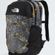 The North Face Paralyne backpack in black and gray with a white map print and bright orange compression straps, shown on a light gray background. - The North Face Borealis Backpack - Anthracite Grey Conrad Topos Print/Summit Gold