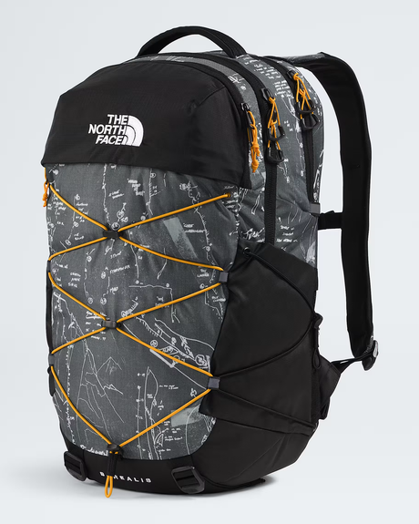 The North Face Paralyne backpack in black and gray with a white map print and bright orange compression straps, shown on a light gray background. - The North Face Borealis Backpack - Anthracite Grey Conrad Topos Print/Summit Gold