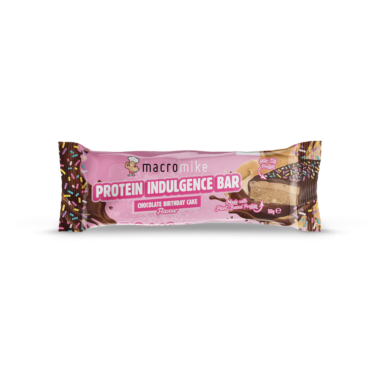 A packaged protein indulgence bar in pink wrapper with chocolate cake graphics and sprinkles, labeled macromike Protein Indulgence Bar Chocolate Birthday Cake Flavored. - Macro Mike Protein Indulgence Bar (50g) - Chocolate Birthday Cake