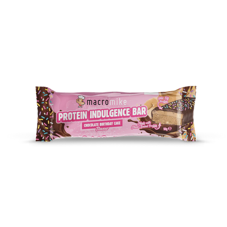 A packaged protein indulgence bar in pink wrapper with chocolate cake graphics and sprinkles, labeled macromike Protein Indulgence Bar Chocolate Birthday Cake Flavored. - Macro Mike Protein Indulgence Bar (50g) - Chocolate Birthday Cake