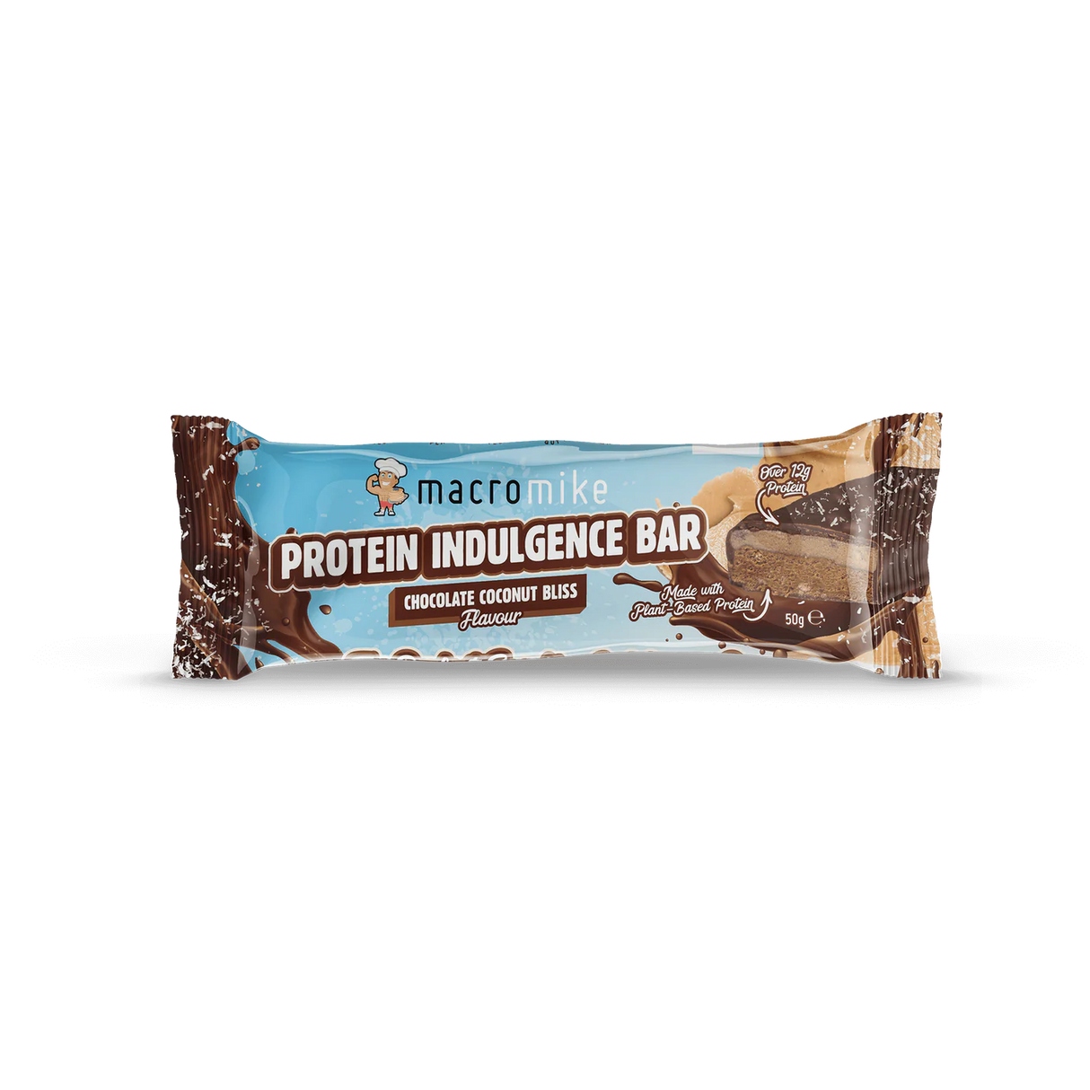 A packaged protein indulgence bar by macromike, featuring a light blue wrapper with brown chocolate splatter graphics and a photo of the chocolate-coconut bliss bar on the right side, shown on a white background. - Macro Mike Protein Indulgence Bar (50g) - Chocolate Coconut Bliss