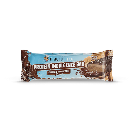 A packaged protein indulgence bar by macromike, featuring a light blue wrapper with brown chocolate splatter graphics and a photo of the chocolate-coconut bliss bar on the right side, shown on a white background. - Macro Mike Protein Indulgence Bar (50g) - Chocolate Coconut Bliss