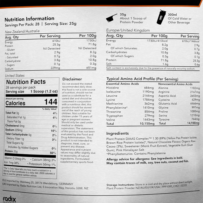 Radix Nutrition Plant Protein DIAAS Complex 1.30 - Chocolate - 1kg Bag - Find Your Feet Australia Hobart Launceston Tasmania