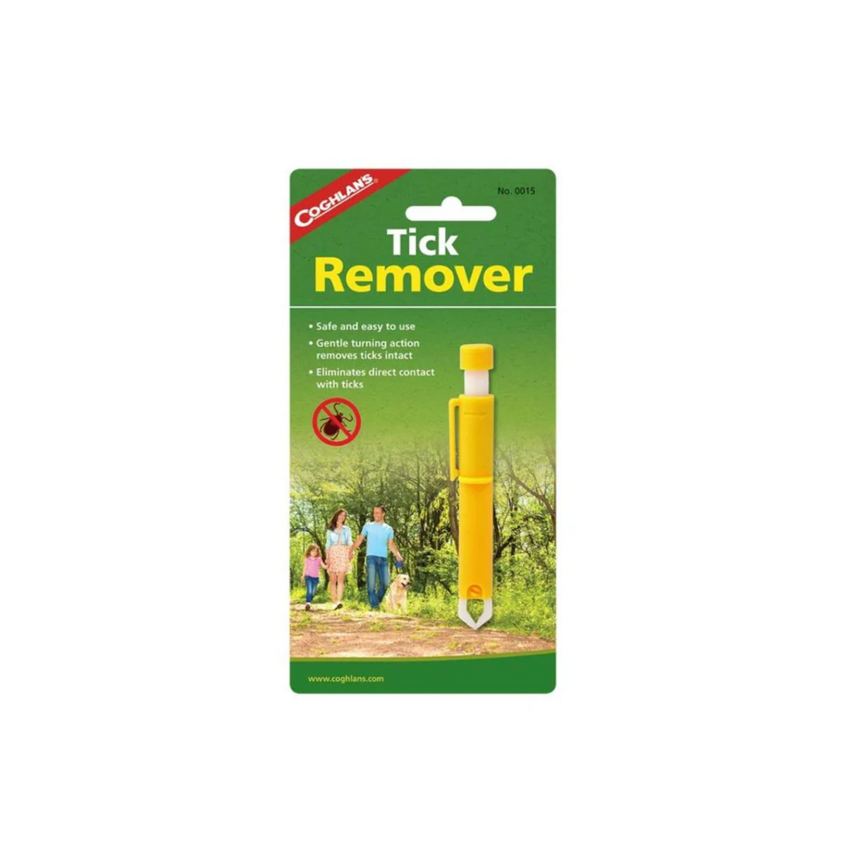 A packaged yellow COOL-ARMS Tick Remover tool on a green retail card with product text and a small outdoor photo, shown on a plain white background. - Coghlan's Tick Remover