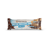 A packaged protein indulgence bar in a cookie and cream flavor, wrapped in a brown and light blue wrapper with chocolate splash graphics, on a white background. - Macro Mike Protein Indulgence Bar (50g) - Cookies & Cream