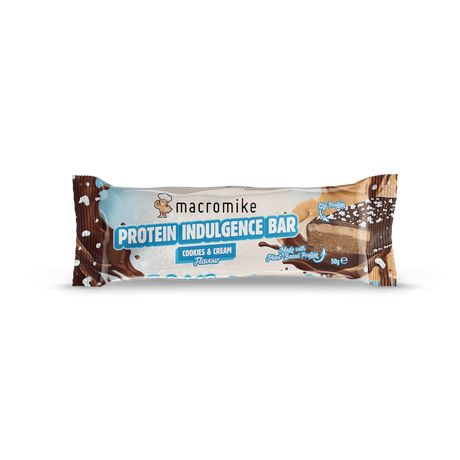 A packaged protein indulgence bar in a cookie and cream flavor, wrapped in a brown and light blue wrapper with chocolate splash graphics, on a white background. - Macro Mike Protein Indulgence Bar (50g) - Cookies & Cream