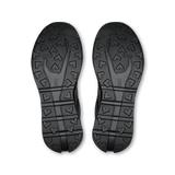 A pair of black athletic shoes shown from the sole view, displaying their textured tread patterns against a plain white background. - On Cloudvista 3 Waterproof Shoes (Men's) - Black