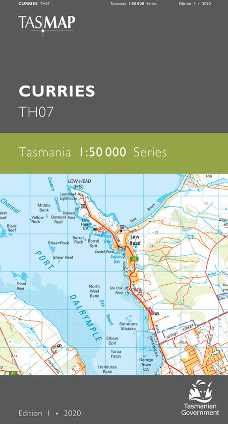 Tasmanian map cover from TASMAP showing the Curries TH07 area, with a dark gray header, a green band, and a detailed coastal map of Tasmania on a white background. - Tasmap 1:50000 Topographic/Cadastral Maps - Curries
