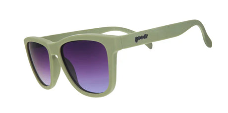 goodr dawn of a new sage Green sunglasses with purple lenses on a white background