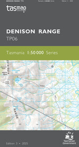 Front cover of a Tasmap map publication for the Denison Range TP06, showing a topographic map of Tasmania with contour lines, roads, and labels on a dark gray background with a green band. - Tasmap 1:50000 Topographic/Cadastral Maps - Denison Range