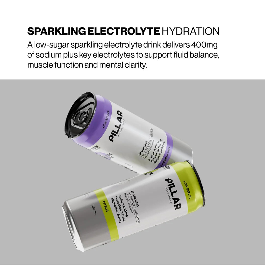 Two Pillar brand electrolyte drink cans floating on a light gray background, with one can showing a purple label section and the other showing a yellow-green label section. Above them is black text reading 'SPARKLING ELECTROLYTE HYDRATION' and a descriptive paragraph about the drink. - Pillar Performance Sparkling Electrolyte Hydration