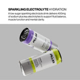 Two Pillar brand electrolyte drink cans floating on a light gray background, with one can showing a purple label section and the other showing a yellow-green label section. Above them is black text reading 'SPARKLING ELECTROLYTE HYDRATION' and a descriptive paragraph about the drink. - Pillar Performance Sparkling Electrolyte Hydration