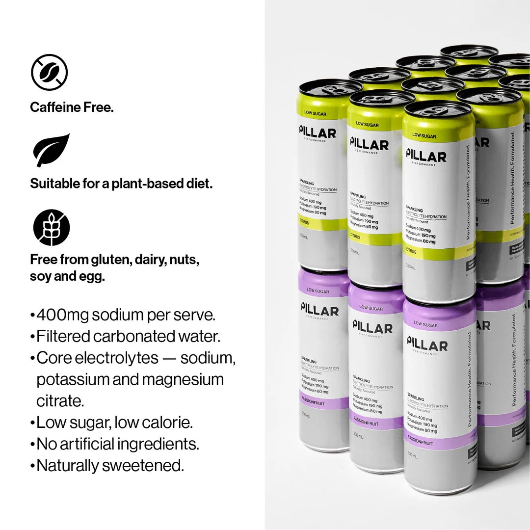 Multiple cans of Pillar energy drink with nutritional information on a white background - Pillar Performance Sparkling Electrolyte Hydration