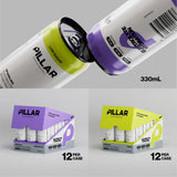 Two slim aluminum cans of PILLAR Performance drink are shown on a light gray background, with one can open to reveal the liquid. Below, two cardboard cases containing 12 cans each are displayed in purple and lime green colorways, with text indicating 12 PER CASE and 330mL. - Pillar Performance Sparkling Electrolyte Hydration