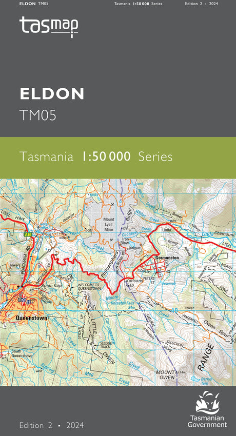 Front cover of a Tasmap map publication for Eldon TM05, showing the Tasmap logo, edition text, and a topographic map of Mount Elgon in Tasmania. - Tasmap 1:50000 Topographic/Cadastral Maps - Eldon