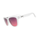White sunglasses with a thick square frame and pink-to-purple gradient lenses, featuring the 'speedy' brand logo on the temple arm. - Goodr The OG's Sunglasses - Emergency Flirtation Device