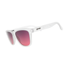 White sunglasses with a thick square frame and pink-to-purple gradient lenses, featuring the 'speedy' brand logo on the temple arm. - Goodr The OG's Sunglasses - Emergency Flirtation Device