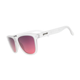 White sunglasses with a thick square frame and pink-to-purple gradient lenses, featuring the 'speedy' brand logo on the temple arm. - Goodr The OG's Sunglasses - Emergency Flirtation Device
