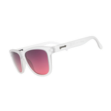 White sunglasses with a thick square frame and pink-to-purple gradient lenses, featuring the 'speedy' brand logo on the temple arm. - Goodr The OG's Sunglasses - Emergency Flirtation Device